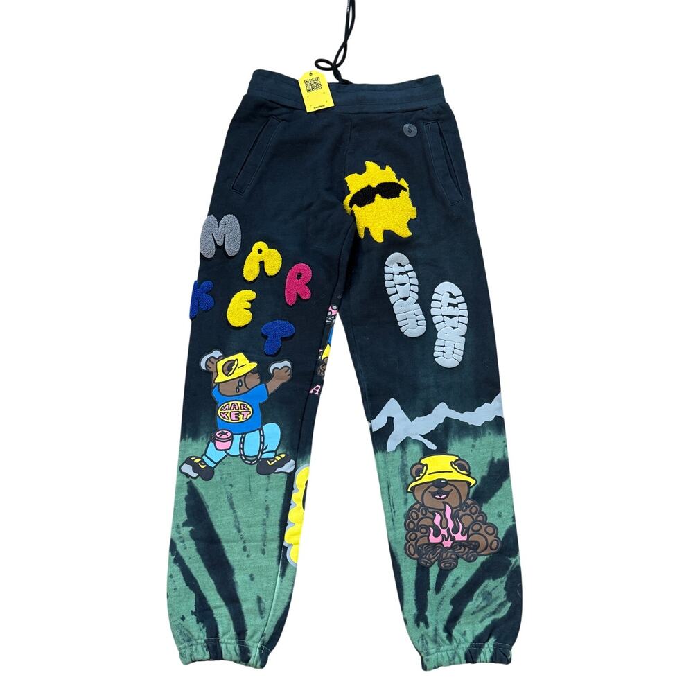 NWT MARKET Chenille Tie Dye Sweatpants Embroidered Black Yellow Green Size Small